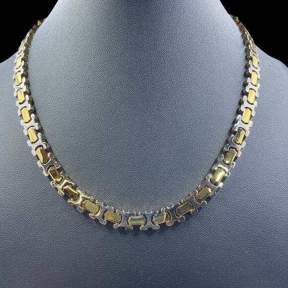 Vintage Two Tone Gold Silver Link Necklace Earrings Set Modern Retro Statement - Picture 4 of 10